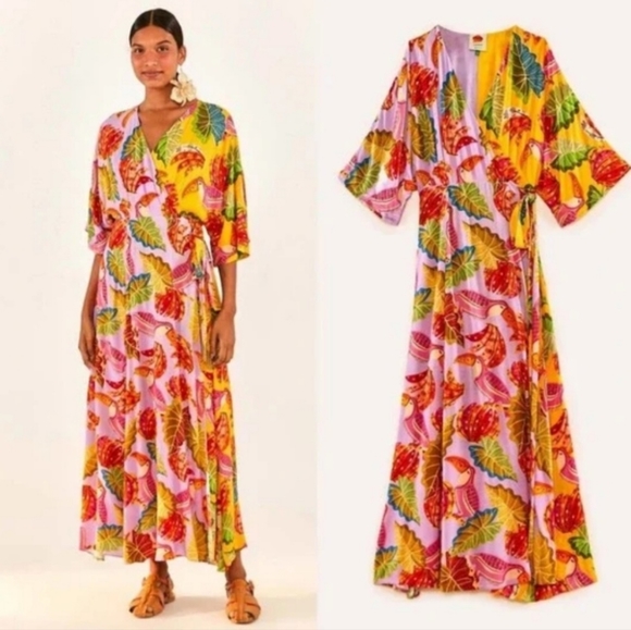 Farm Rio Anthropologie Beaks and Bananas lilac maxi wrap dress size S - Picture 3 of 14